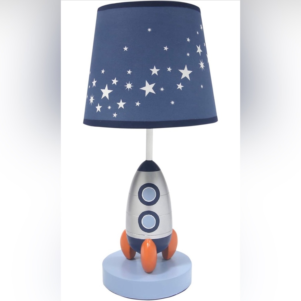 EUC Lambs & Ivy Milky Way Blue/Silver Rocket Ship Nursery Lamp with Shade & Bulb